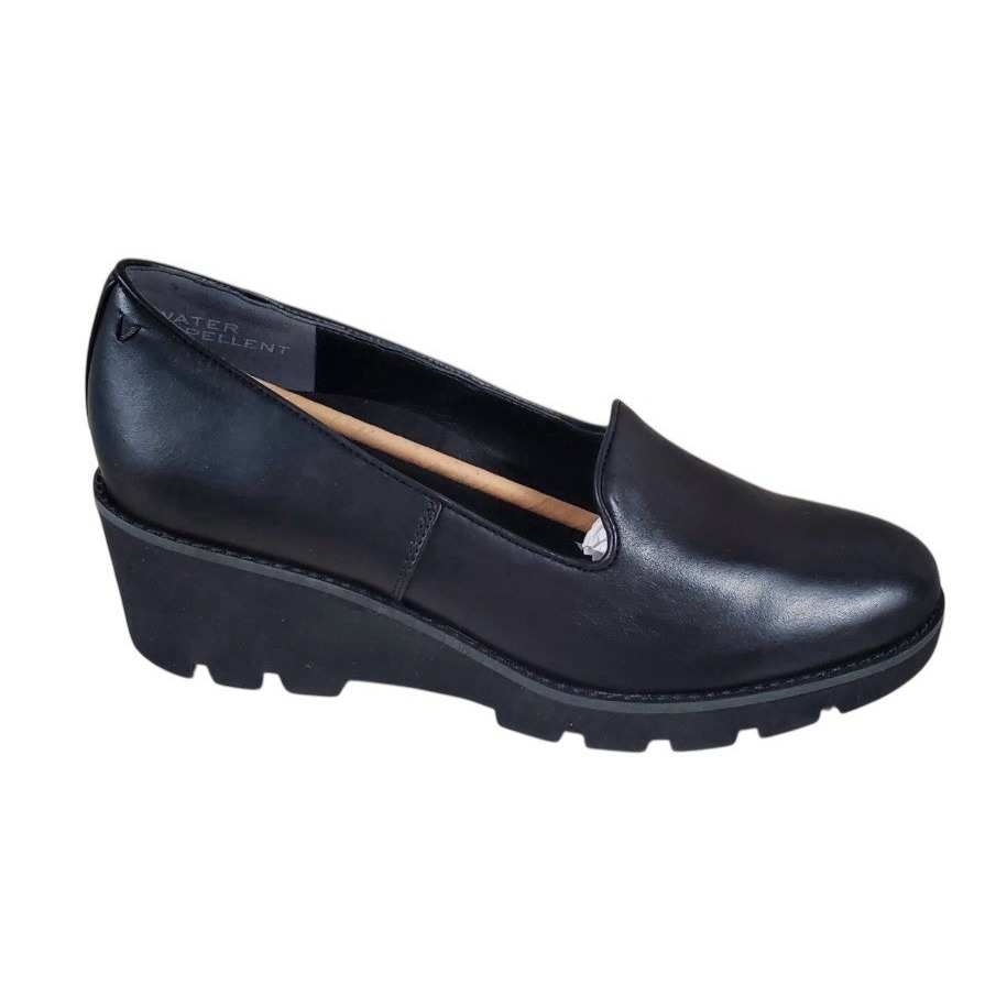 Vionic Willa Wedge Women Loafer Black Leather Slip On Round Toe Wedge Heels